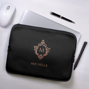 Funda Para Portátil Monograma Rosa Dorada Elegante Negro Cresta Nombre