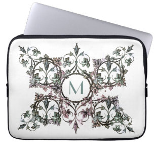 Funda Para Portátil Monograma Rosa Verde Flores Estilo Shabby Chic Orn