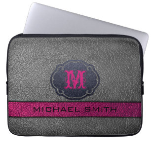 Funda Para Portátil Monograma rosa y cuero negro personalizado