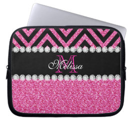 Funda Para Portátil Monograma rosado de Chevron del negro del