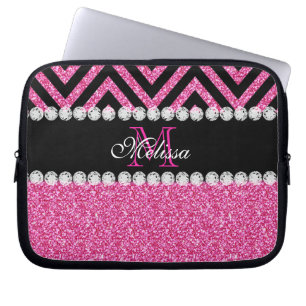 Funda Para Portátil Monograma rosado de Chevron del negro del