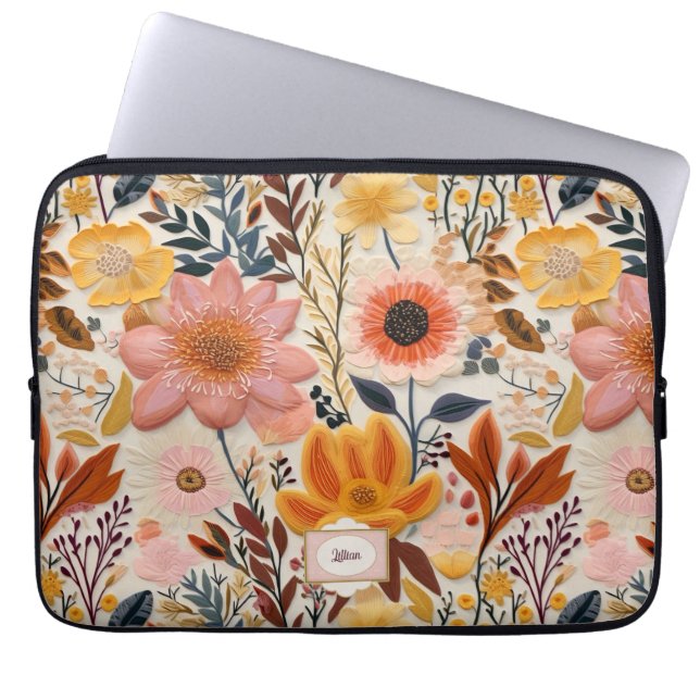 Funda Para Portátil Monograma rosado y Naranja hermoso con flores silv (Frente)