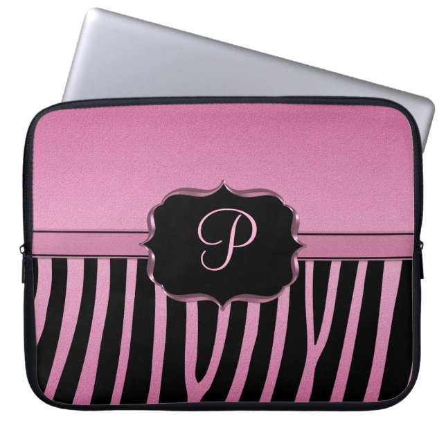 Funda Para Portátil Monograma rosado y negro de la cebra (Frente)