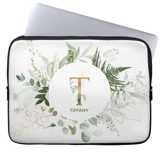 Funda Para Portátil Monograma T Elegante Vegetación Portátil Sleeve (Frente)