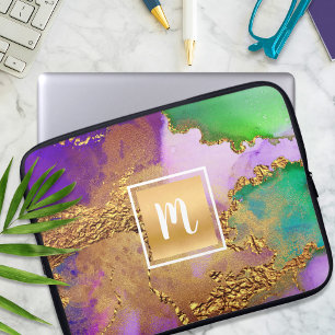 Funda Para Portátil Monograma verde acuático de color de mármol oro pú
