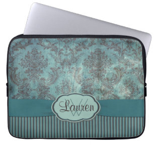 Funda Para Portátil Monograma verde azulado del damasco del vintage