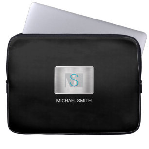 Funda Para Portátil Monograma verde azulado y gris, nombre blanco, pla