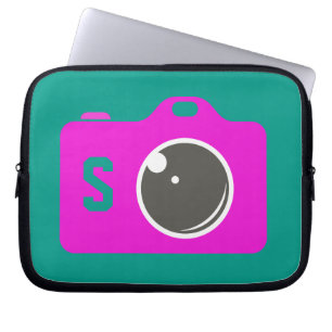 Funda Para Portátil Monograma verde de cámara púrpura pop Art