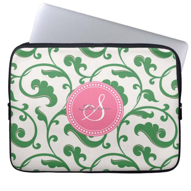 Funda Para Portátil Monograma verde femenino elegante del estampado de (Frente)