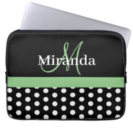 Funda Para Portátil Monograma verde Punto de Polka Blanco Negro
