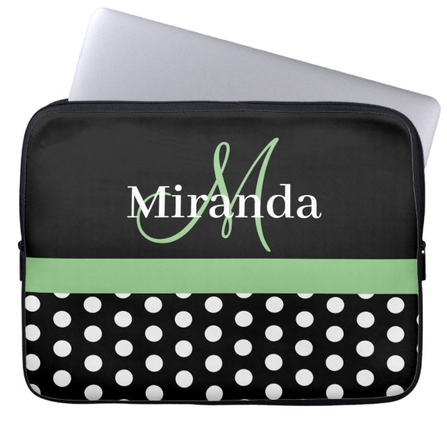 Funda Para Portátil Monograma verde Punto de Polka Blanco Negro (Frente)
