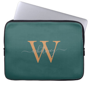 Funda Para Portátil Monograma verde simple y corto e inicial