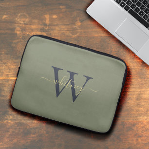Funda Para Portátil Monograma verde simple y moderno e inicial