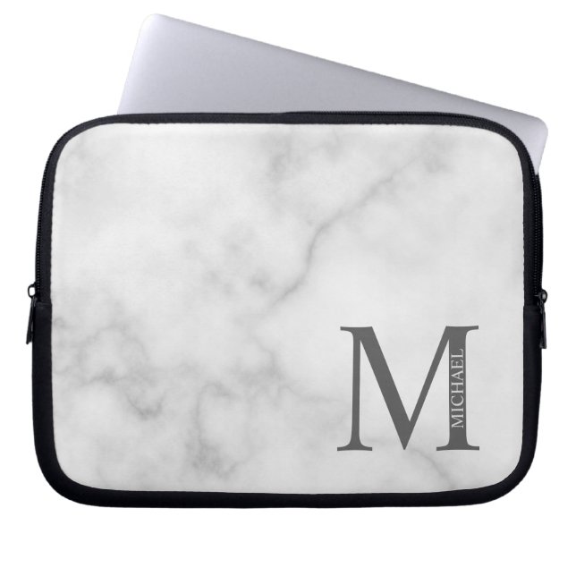 Funda Para Portátil Monograma y nombre personalizados de mármol blanco (Frente)