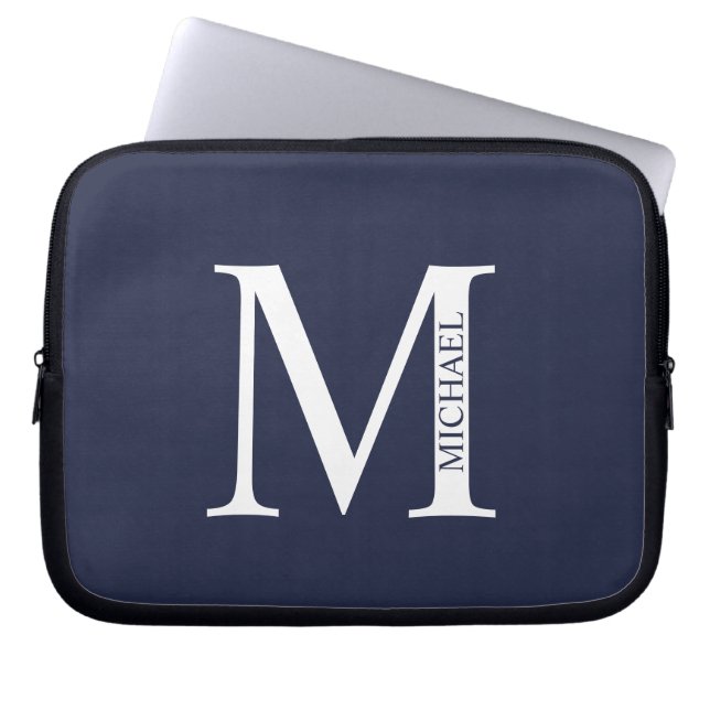 Funda Para Portátil Monograma y nombre personalizados del azul marino (Frente)