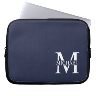 Funda Para Portátil Monograma y nombre personalizados del azul marino