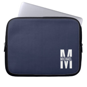 Funda Para Portátil Monograma y nombre personalizados del azul marino