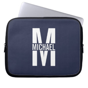 Funda Para Portátil Monograma y nombre personalizados del azul marino