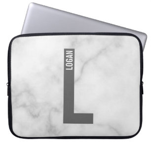 Funda Para Portátil Monograma y nombre personalizados modernos en negr
