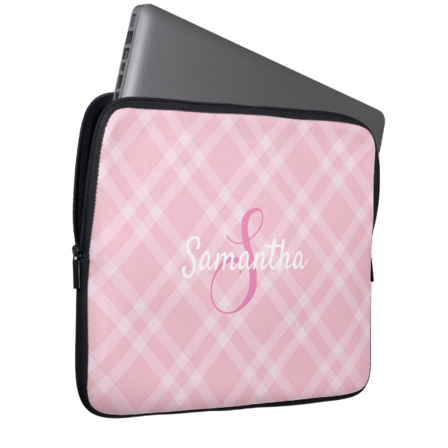 Funda Para Portátil Monograma y nombre personalizados Pink Plaid Gingh (Anverso derecho)