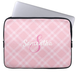 Funda Para Portátil Monograma y nombre personalizados Pink Plaid Gingh