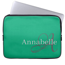 Funda Para Portátil Monograma y nombre verde simple y elegante
