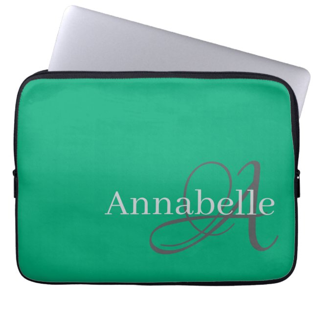 Funda Para Portátil Monograma y nombre verde simple y elegante (Frente)