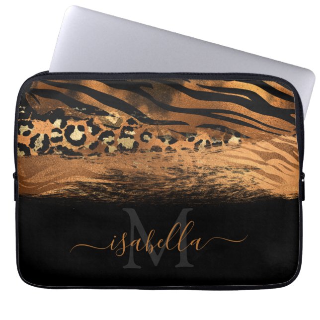 Funda Para Portátil Monogramado Black Gold Elegant Script Copper (Frente)