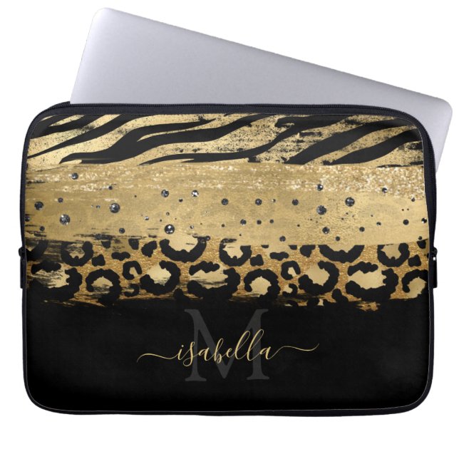 Funda Para Portátil Monogramado Black Gold Elegant Script Gold (Frente)