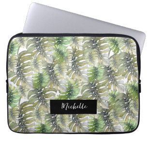 Funda Para Portátil Monogramado de la Palm Pastel Tropical Monstera