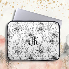 Funda Para Portátil Monogramado floral blanco y negro moderno
