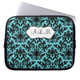 Funda Para Portátil Monogramado negro, funda de portátil Aqua Damask