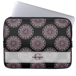 Funda Para Portátil Monogramed Pink Floral Fronds Polka Dot Mandala