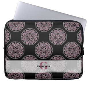 Funda Para Portátil Monogramed Pink Floral Fronds Polka Dot Mandala