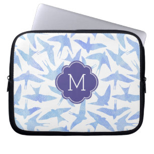 Funda Para Portátil Monogrammed Blue Watercolor Birds Pattern