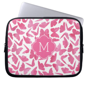 Funda Para Portátil Monogrammed Pink Watercolor Butterflies Pattern