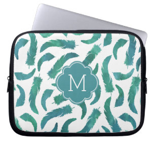 Funda Para Portátil Monogrammed Teal Watercolor Feathers Pattern