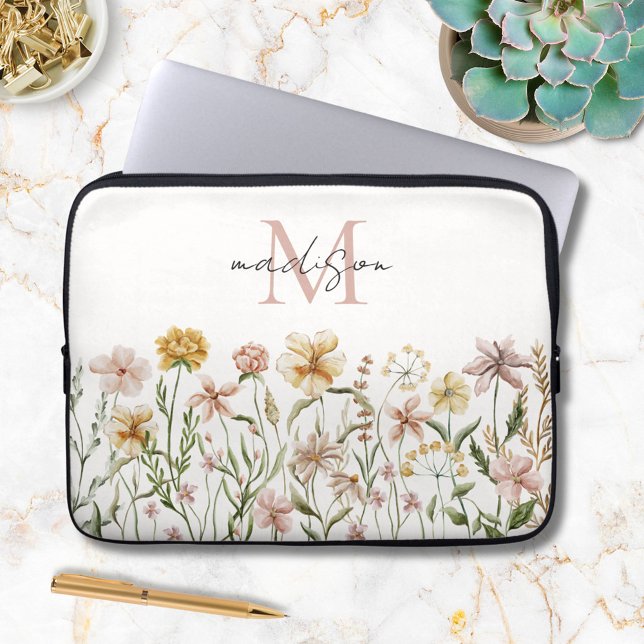 Funda Para Portátil Monogramo Acuarela Flor silvestre pradera floral (In situ)