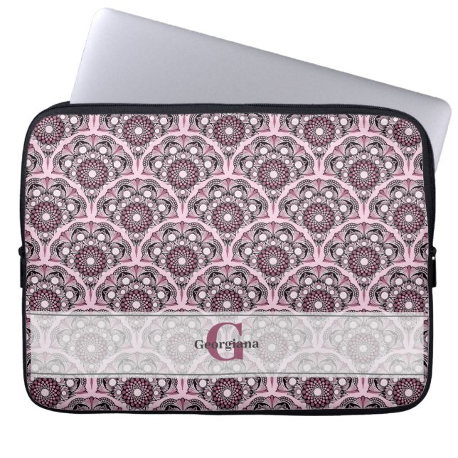 Funda Para Portátil Monogramo Deco Dusky Rosa cerezo Blossom Mandala (Frente)