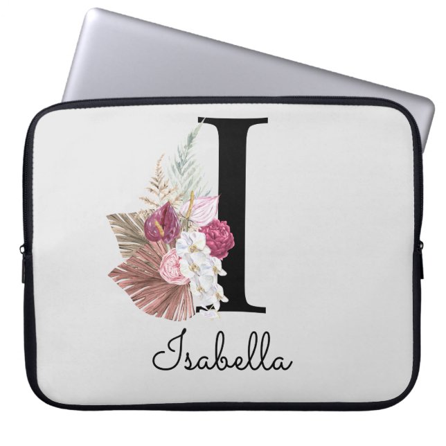 Funda Para Portátil Monogramo Inicial I Pink Boho Floral (Frente)