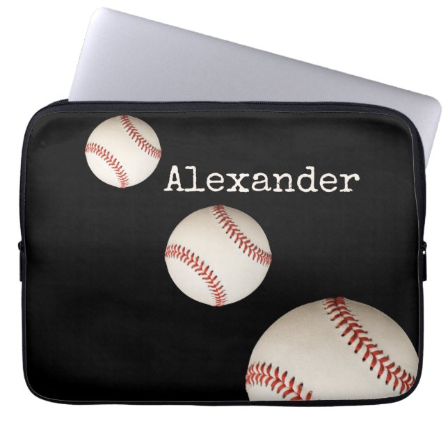 Funda Para Portátil Monogramo nombre béisbol deporte negro (Frente)