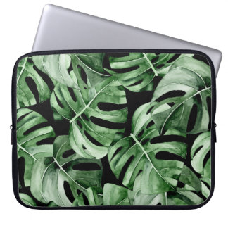 Funda Para Portátil Monstera Oscura: Impresión de acuarela tropical.