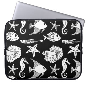 Funda Para Portátil Motif De Pescado: Patrón Blanco Negro.