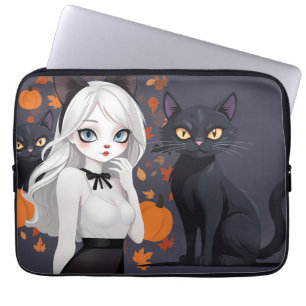 Funda Para Portátil Mujer animosa con gato negro.