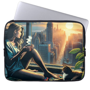 Funda Para Portátil Mujer bebiendo café al amanecer en la ciudad