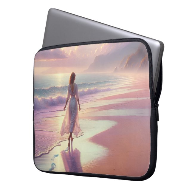 Funda Para Portátil Mujer bonito deja huellas en una playa (Anverso izquierdo)