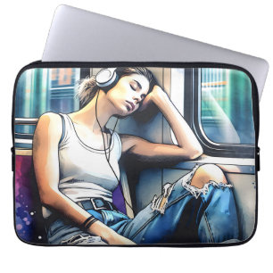 Funda Para Portátil Mujer durmiendo en el metro escuchando música