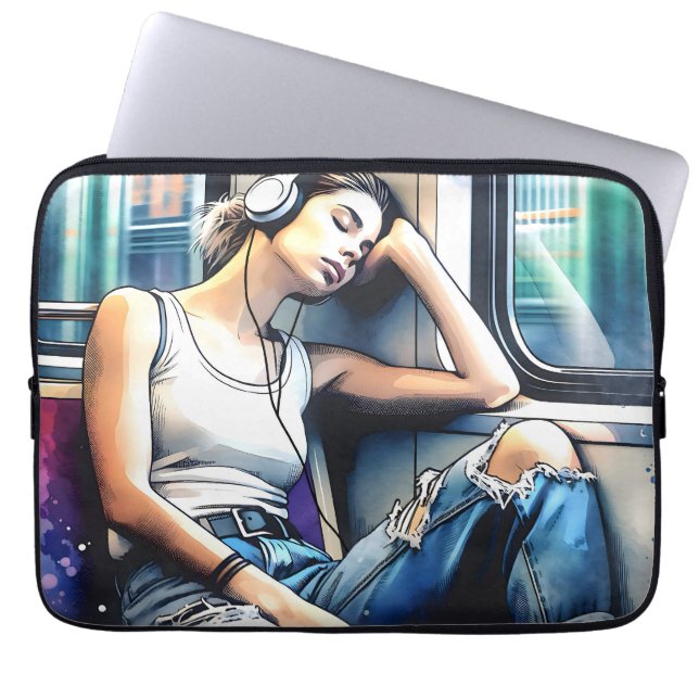 Funda Para Portátil Mujer durmiendo en el metro escuchando música (Frente)