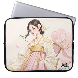 Funda Para Portátil Mujer elegante en Hanbok dorado con flores de cere
