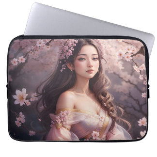Funda Para Portátil Mujer elegante en medio de la floración del cerezo